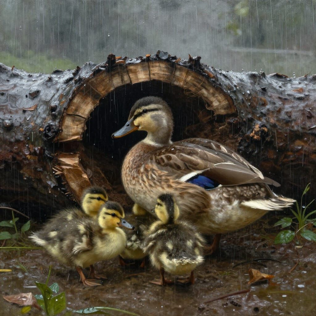 Mother Duck and Ducklings Shelter in Fallen Tree