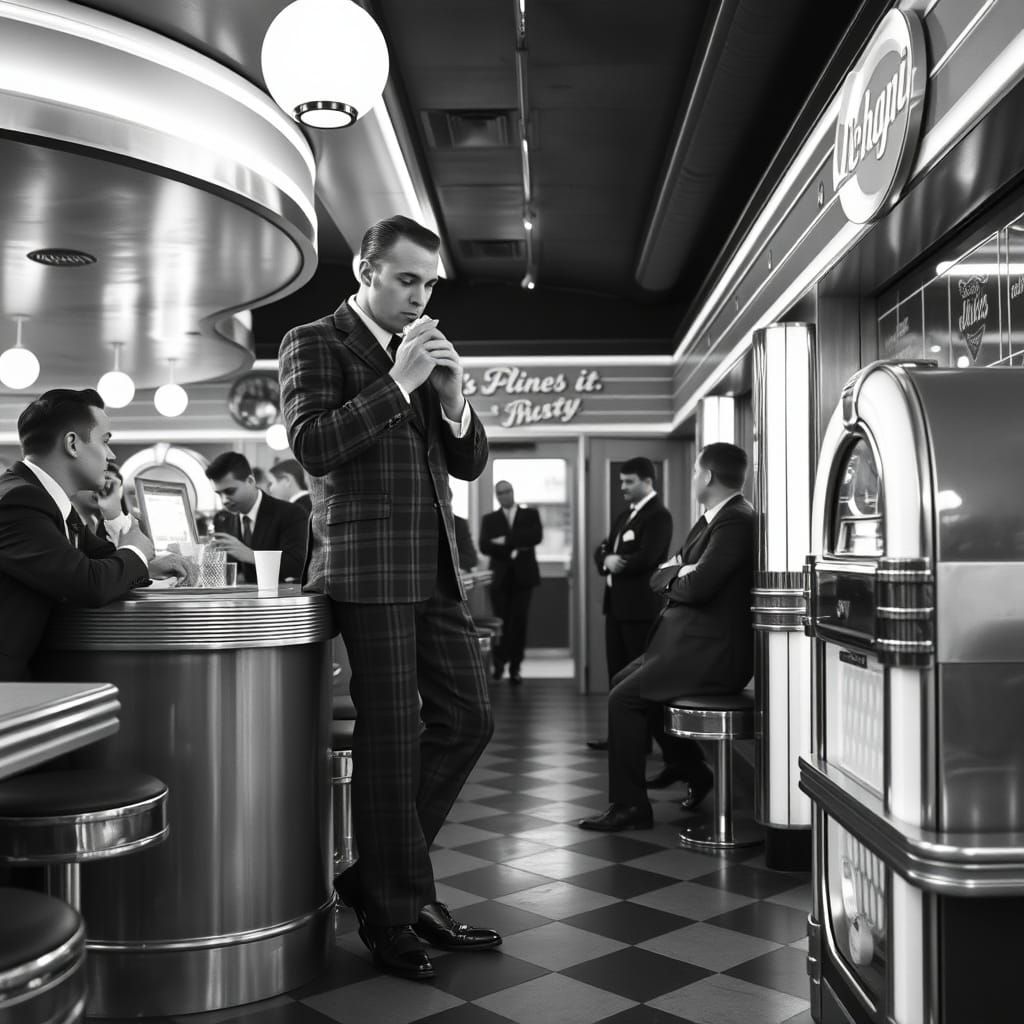 1950s Diner Scene: Hyperrealistic Black and White Photo