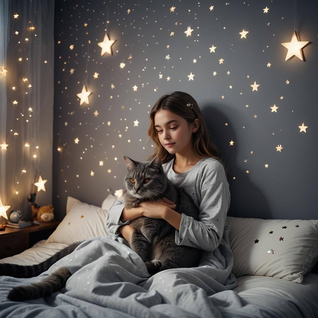 Girl and Cat in Starry Bedroom: Cinematic Film Still