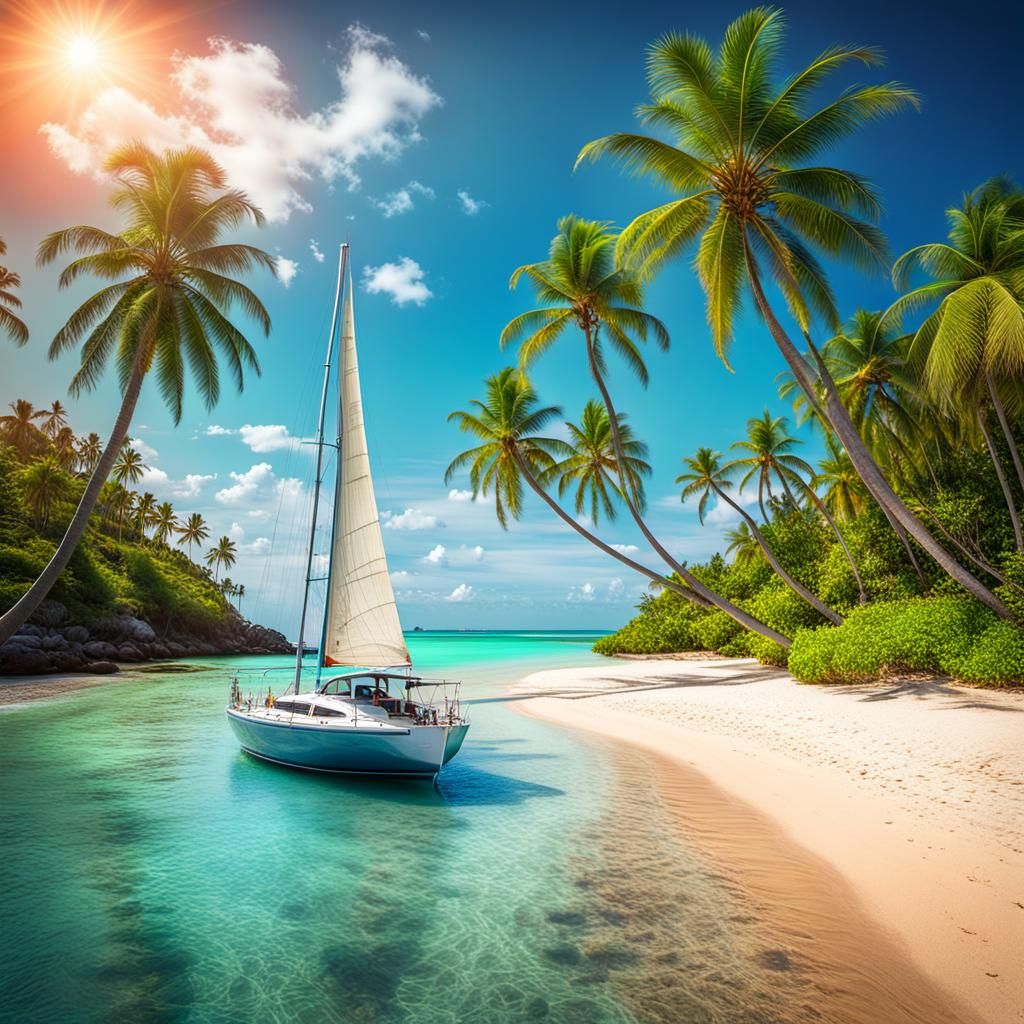 Tropical Beach and Sailboat in HDR Digital Art