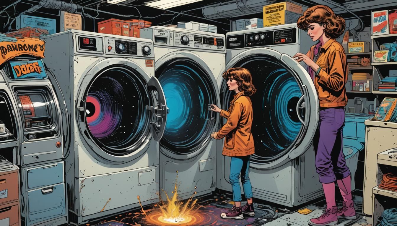 Woman and Vortex Washing Machine in Comic Book Style