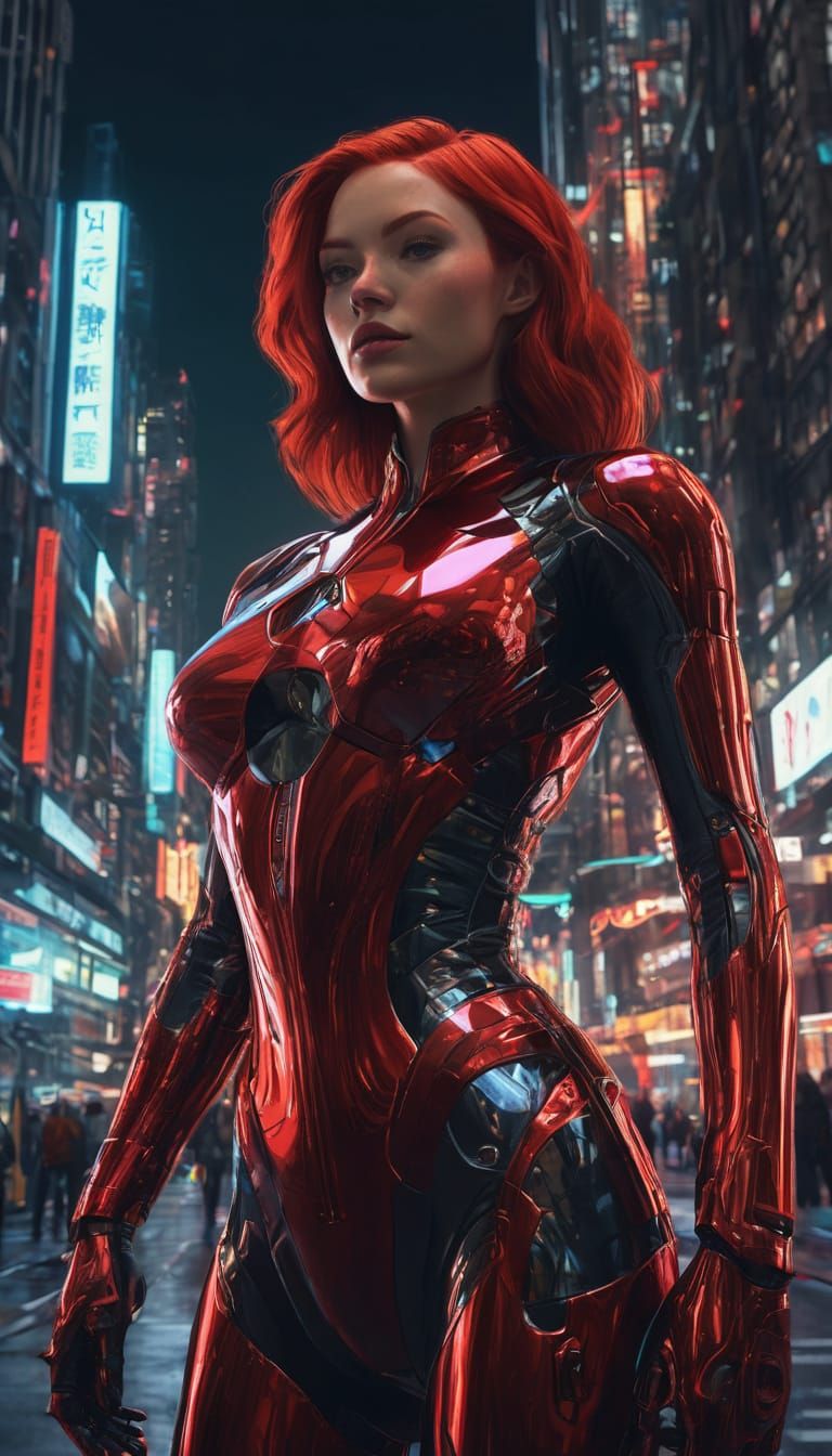Futuristic Woman in Red Supersuit, Sci-Fi Art