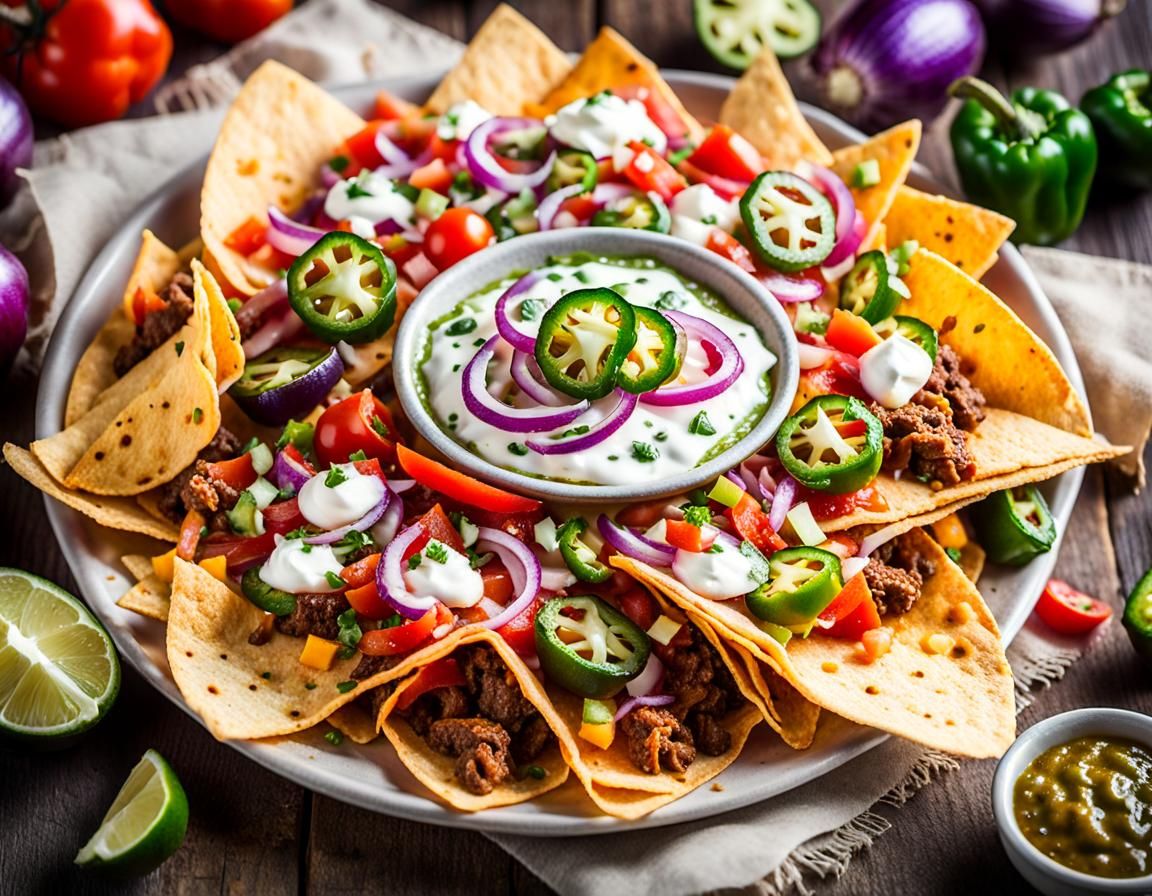 Delicious Mexican Nachos with Toppings and Festive Backgroun...