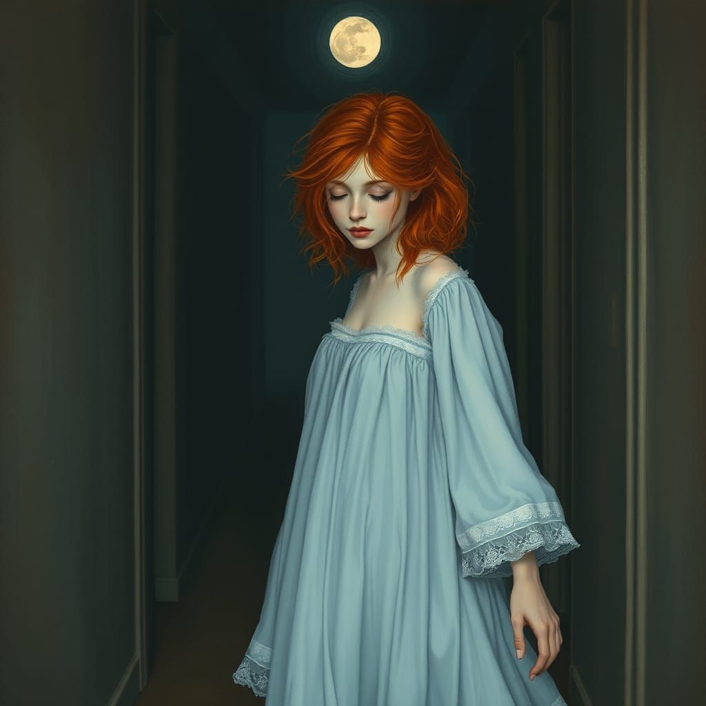 Ethereal Sleepwalker in Moonlit Hallway