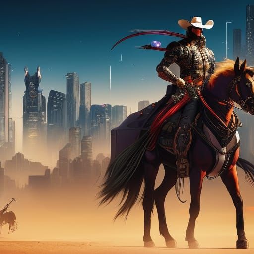 Cyberpunk Yakuza Cowboy on Cyborg Stallion