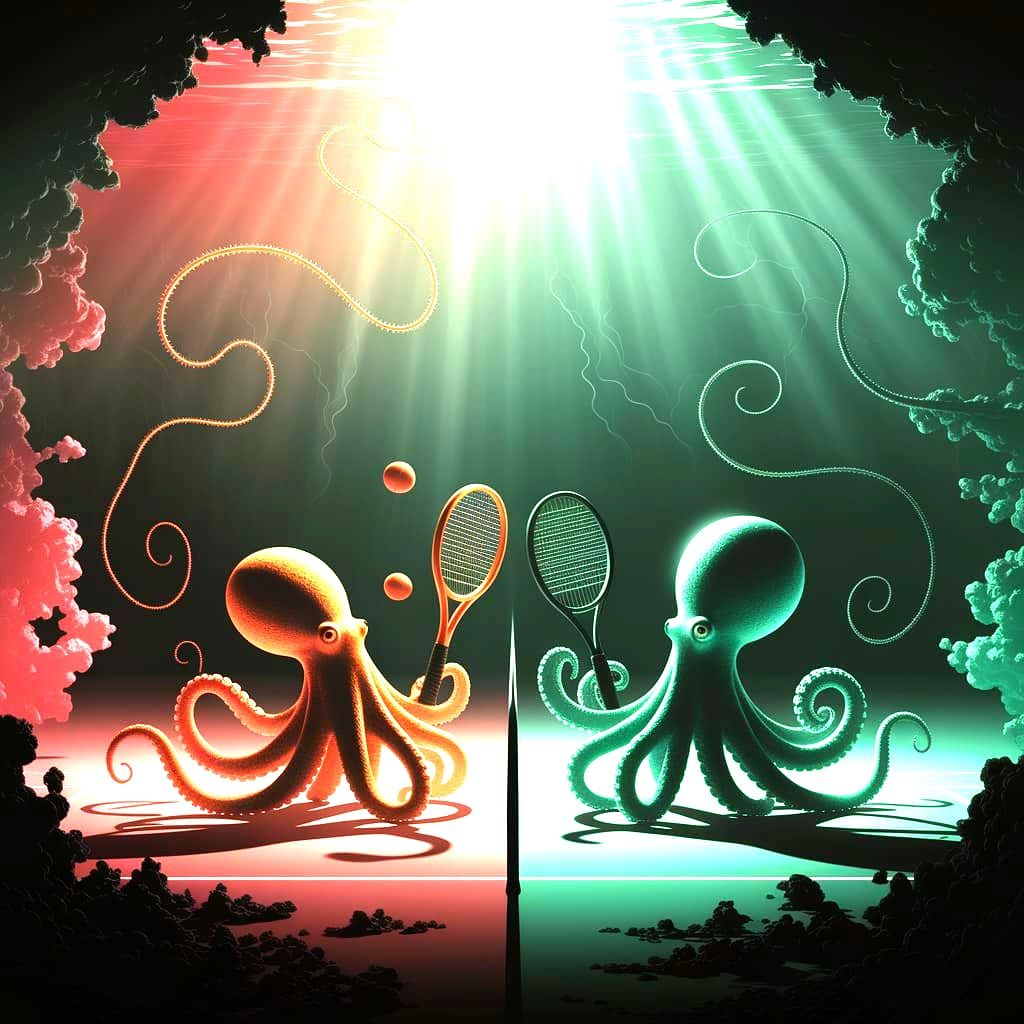 Underwater Neon Octopi Tennis Match in Film Noir Style