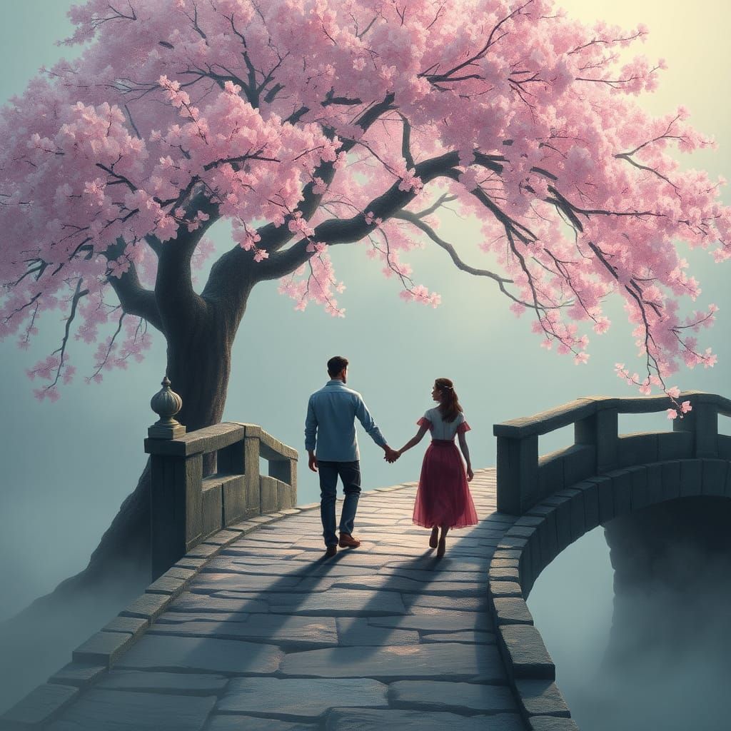 Couple Under Cherry Blossoms in Dreamy Light