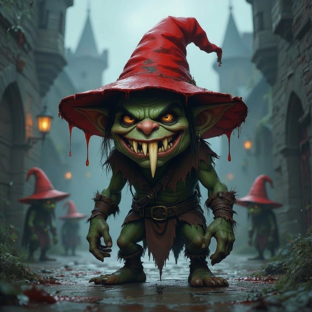 Goblin in Red Hat Covered in Blood in Castle Courtyard