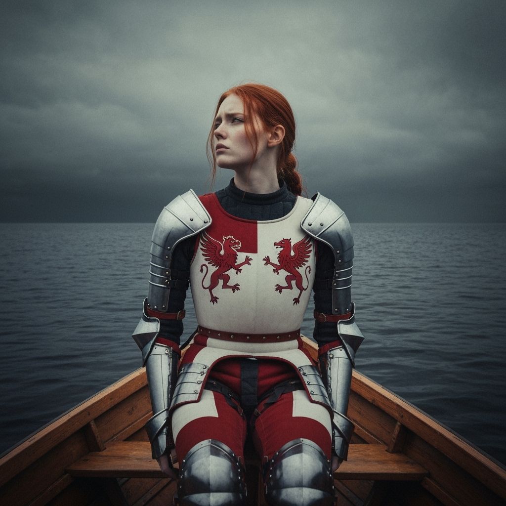 Woman Knight in Red Armor on a Boat