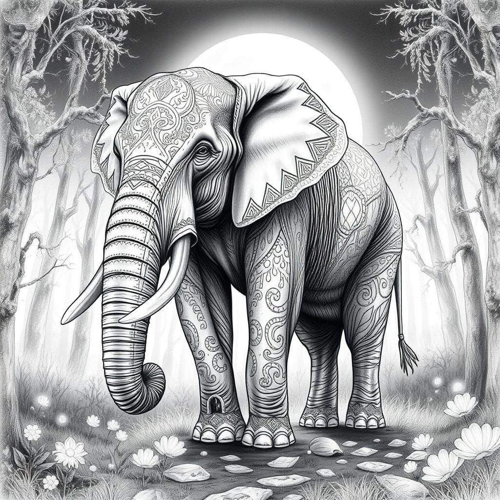 Elephant with Intricate Patterns in Moonlit Forest