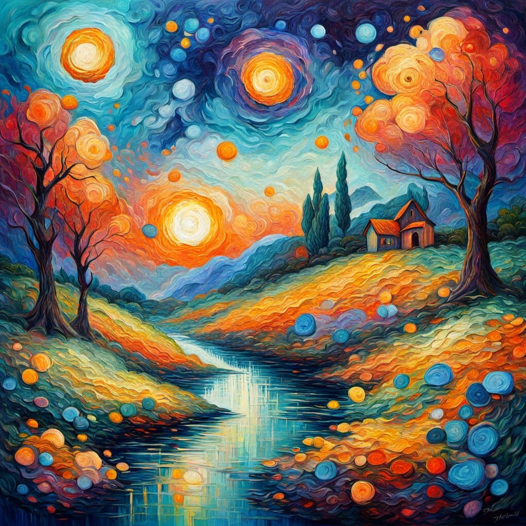 Dreamlike World in Neo-Impressionist Oil Painting