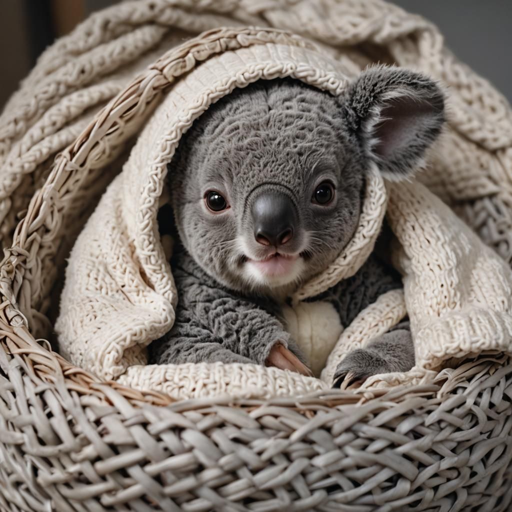 Cozy Baby Koala in Wicker Basket
