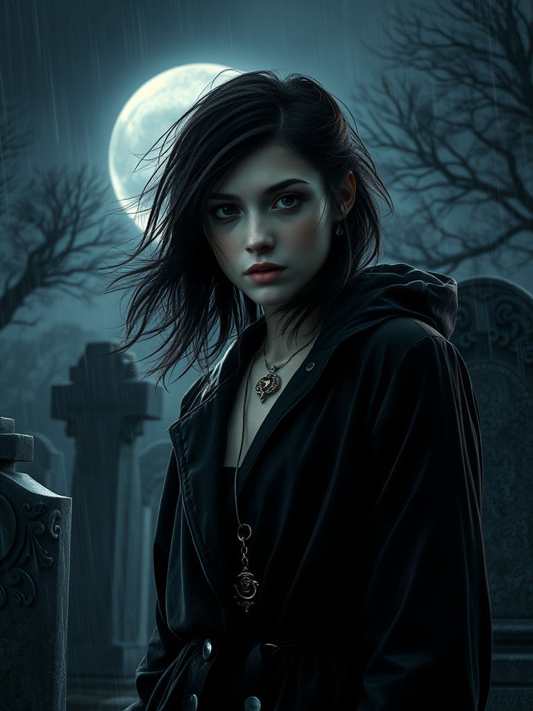 Moonlit Graveyard Woman in Dreamlike Cinematic Style