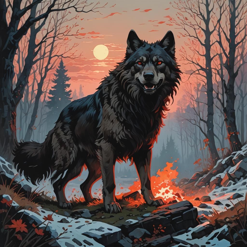 Werewolf at Dawn: Effulgent Gouache Illustration