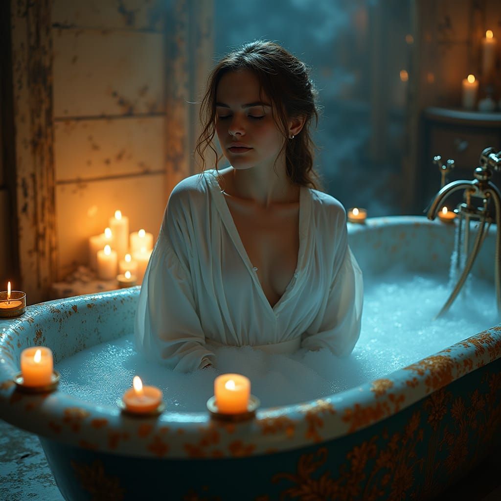 Woman in Bathtub with Candles, Hyperrealistic