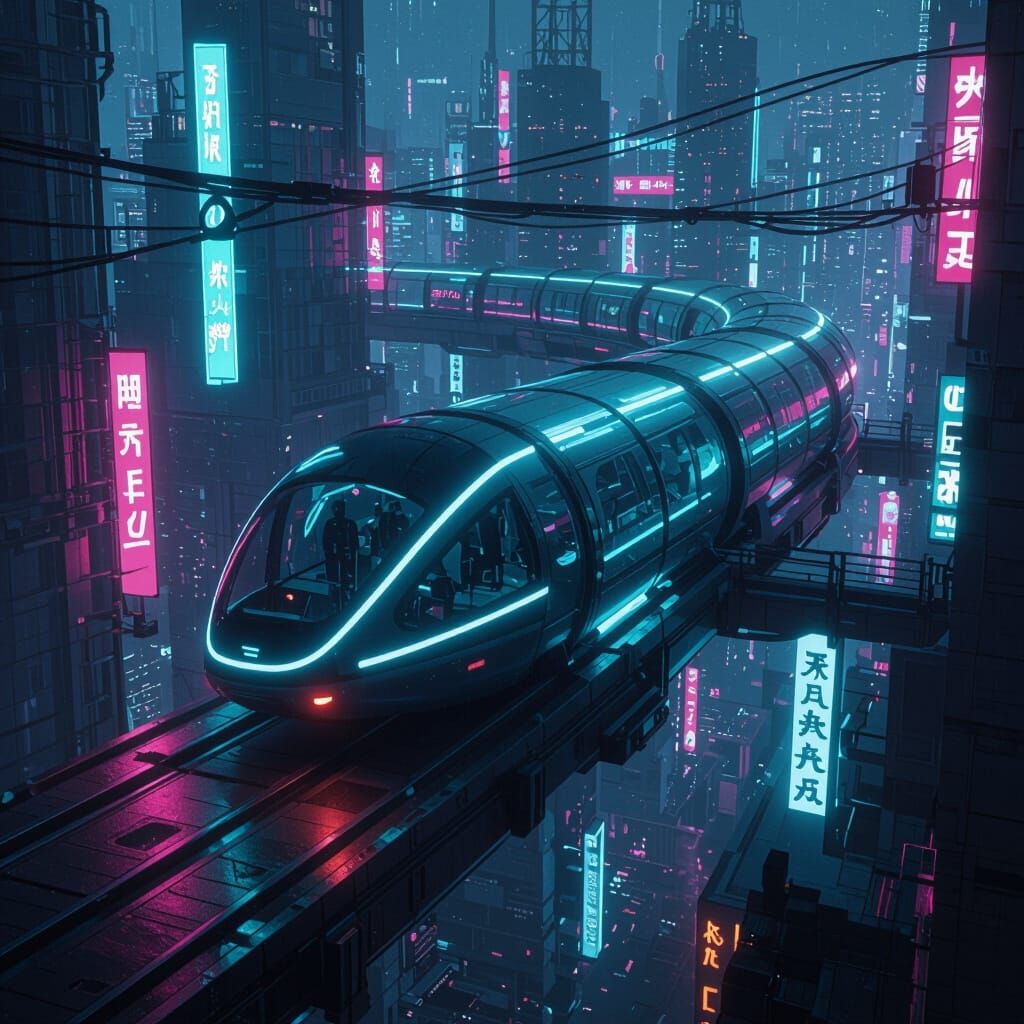 Neon-Lit Transportation Tubes in Futuristic Cityscape