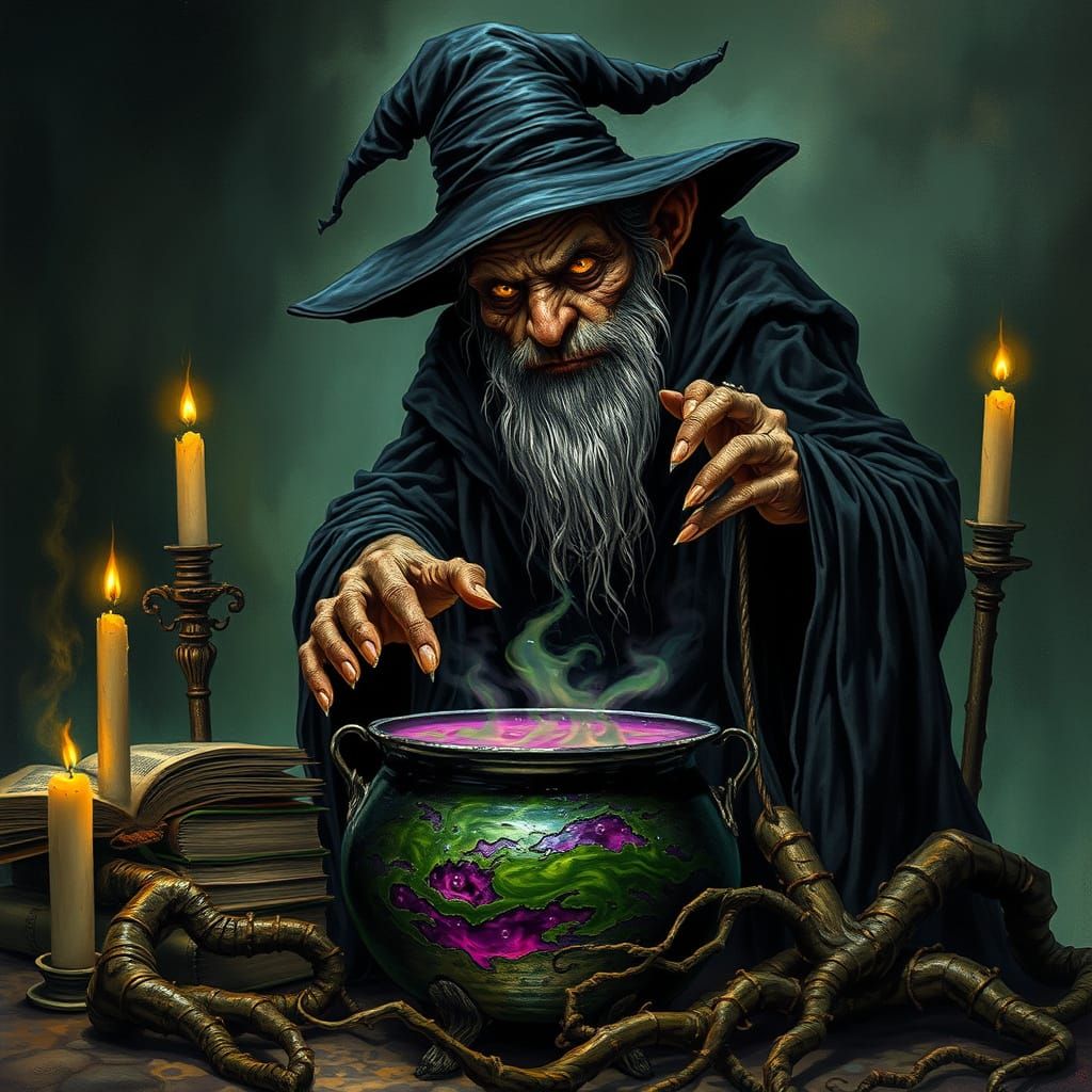 Dark Fantasy Witch Conjure Magic in Tattered Robes