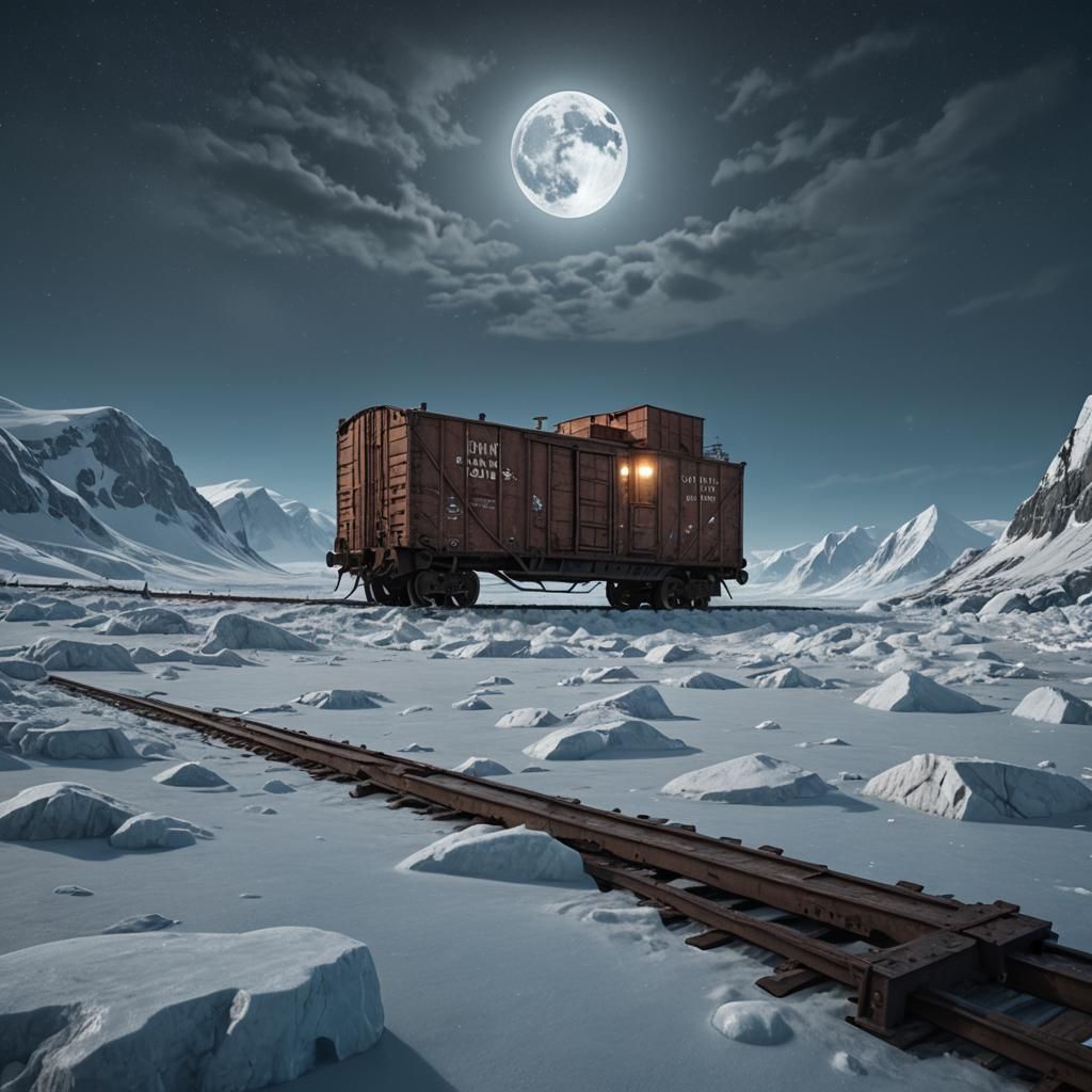 Arctic Boxcar Under Blue Moon: Fantasy Concept Art