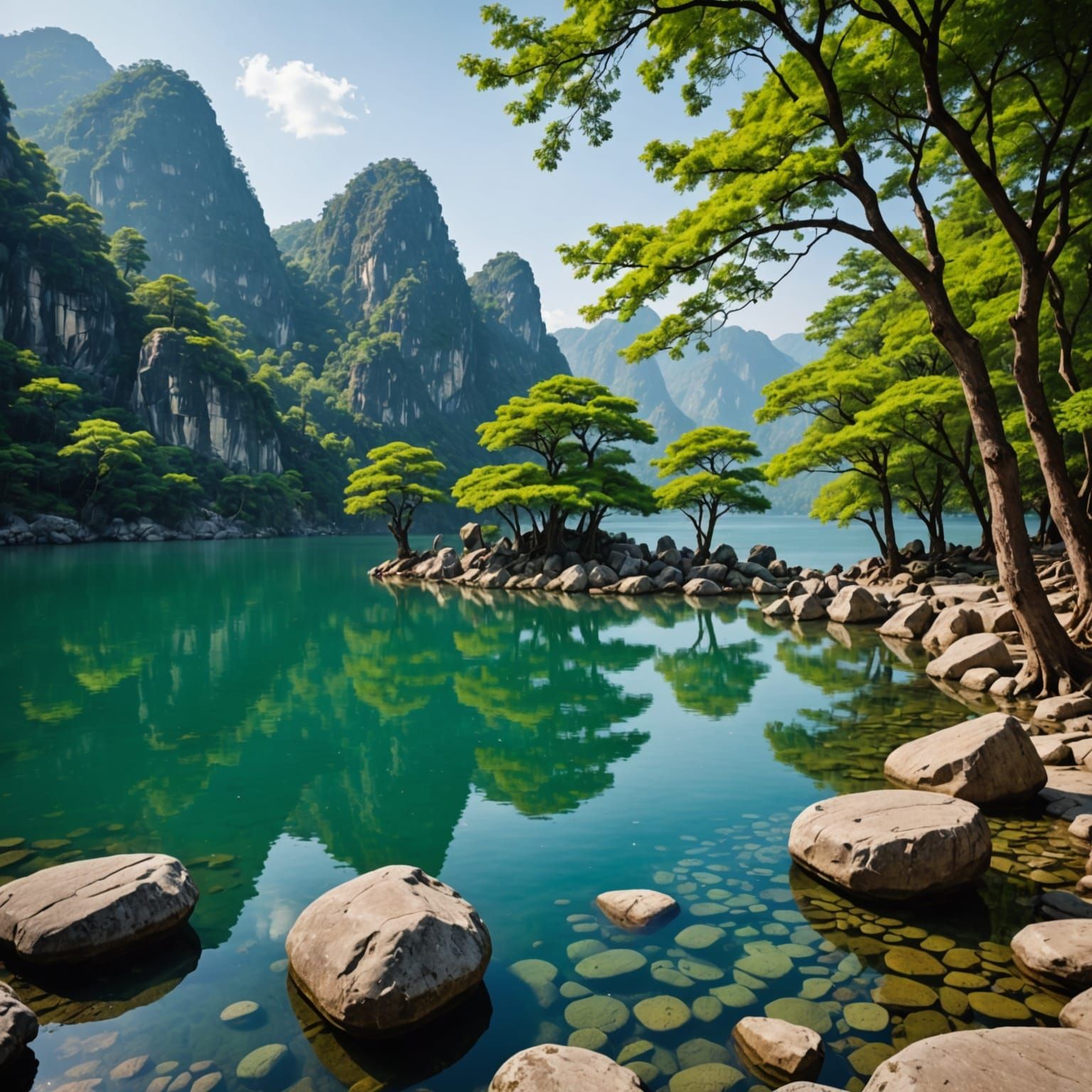 Serene Lake with Rocks and Trees and Asian Architecture