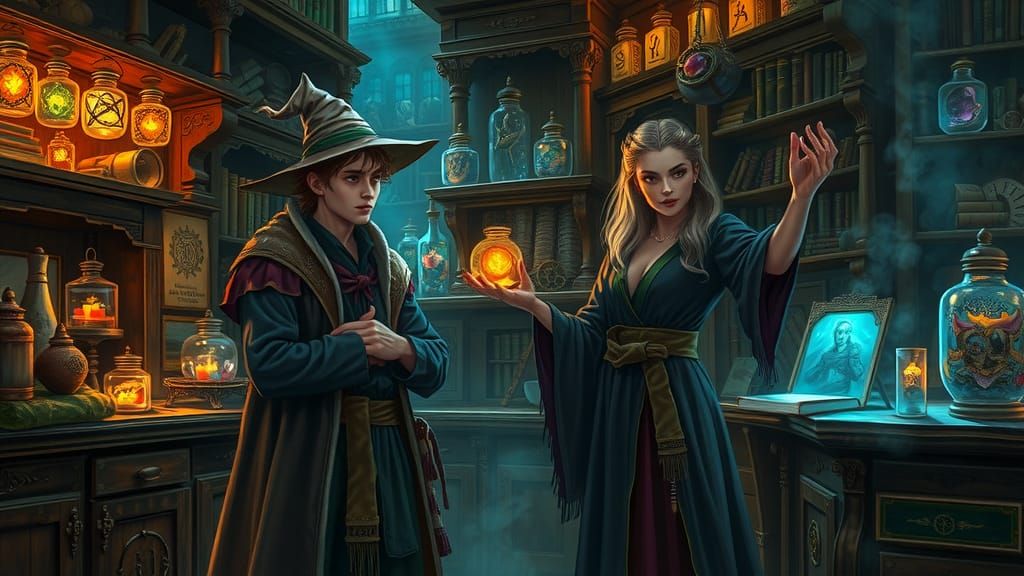 Wizard Apprentice Learning Rituals in Dark Fantasy Art Nouve...