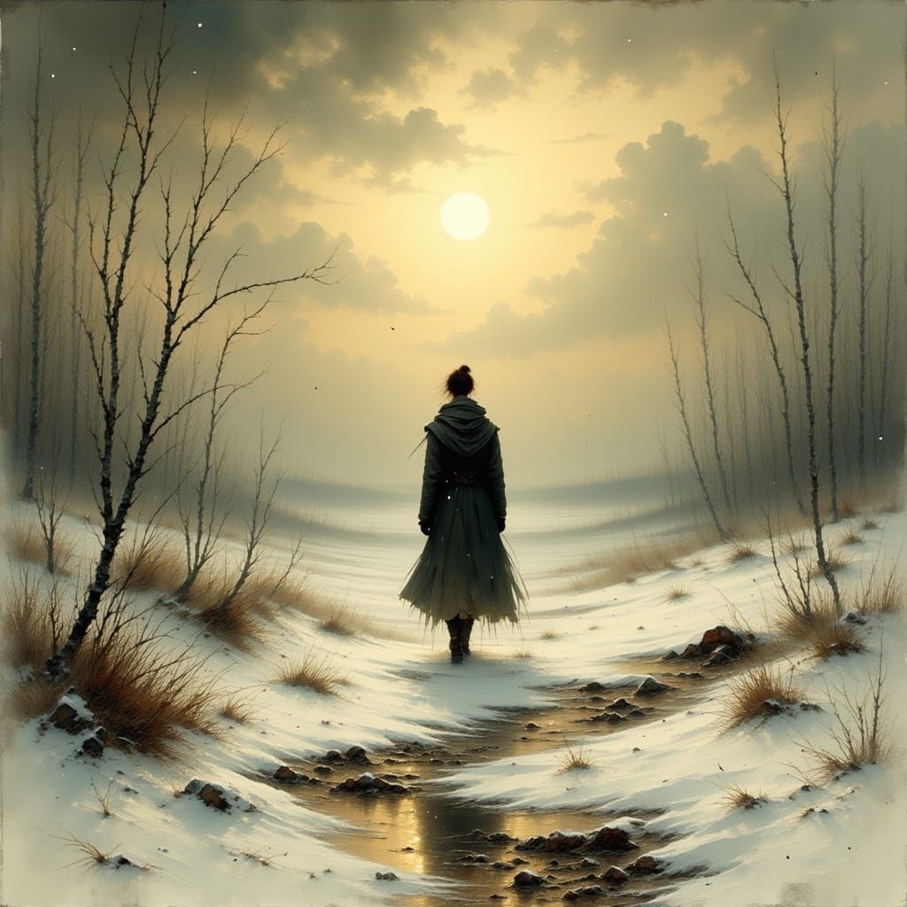 Winter Traveler in Desolate Snowy Landscape