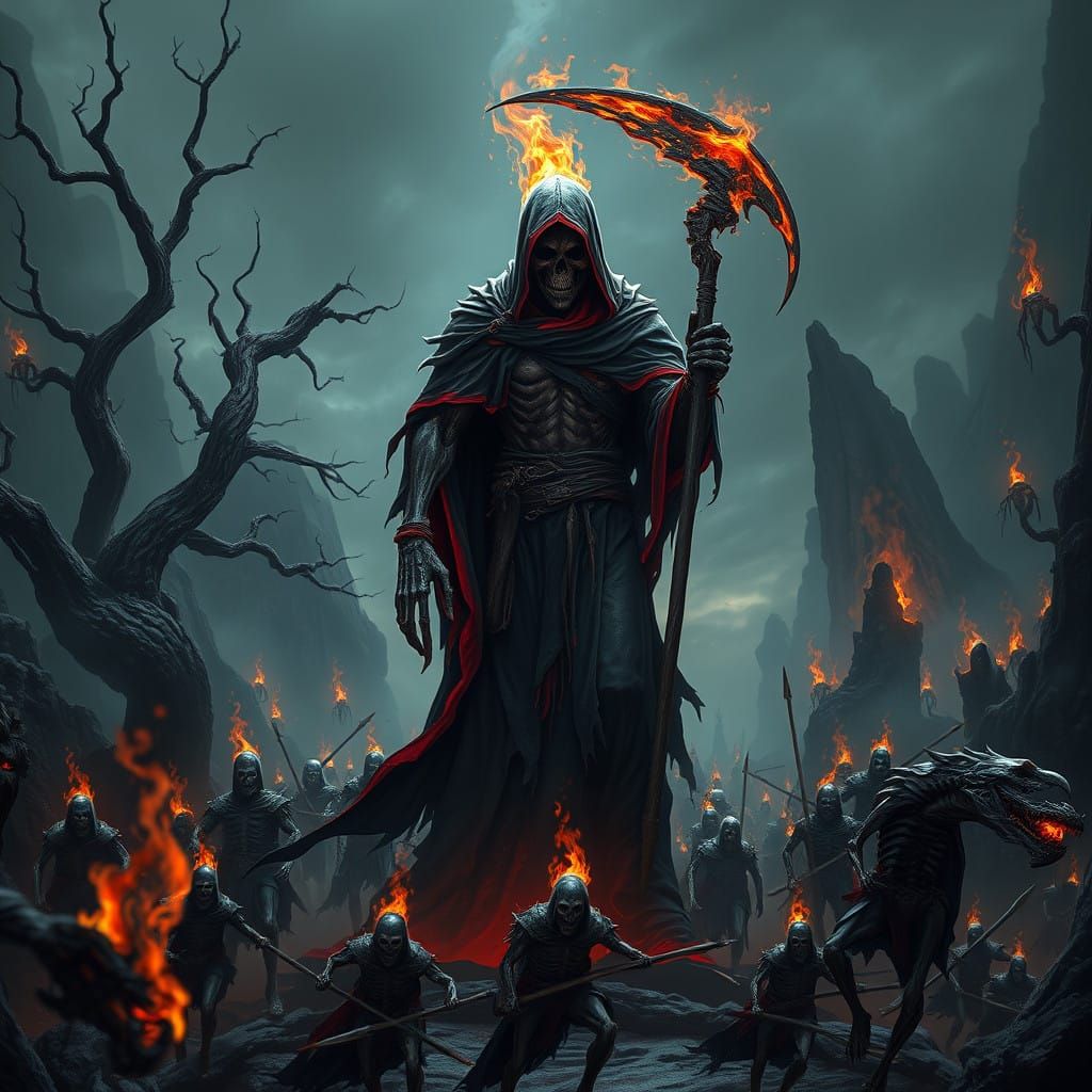 Fiery Grim Reaper Leads Dark Army Through Underworld Realms