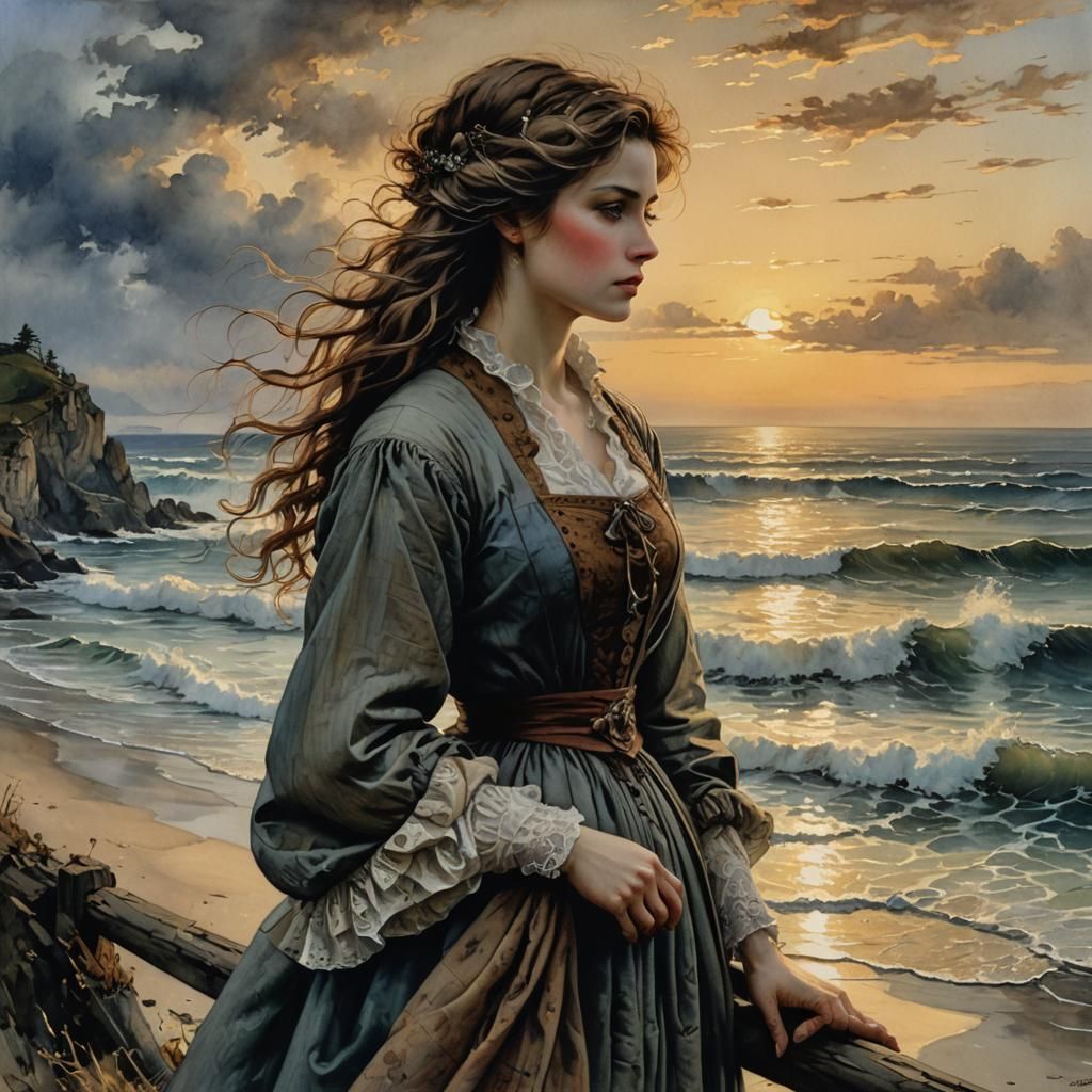 Melancholy Woman at Sunset: Hyperrealistic Watercolor