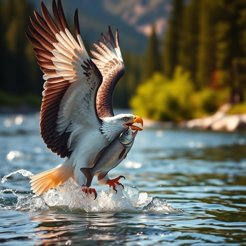 Eagle in Flight, Caught Fish in Beak, Sparkling Feathers and...