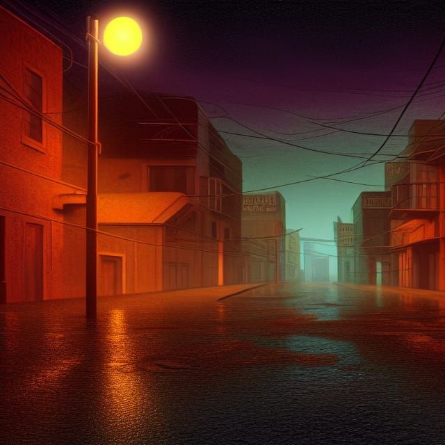 Deserted Rainy Street at Night in Surreal Style