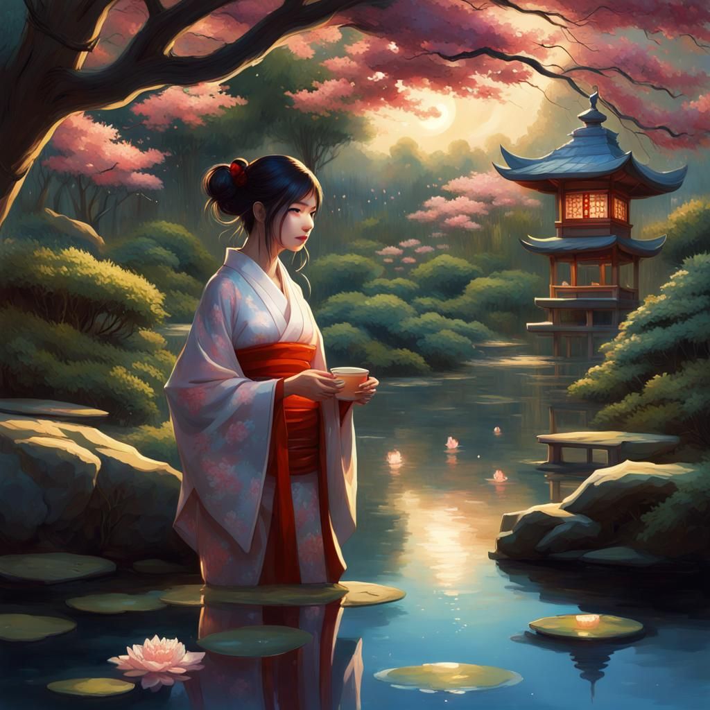 Starlit Japanese Tea Garden with Cherry Blossoms