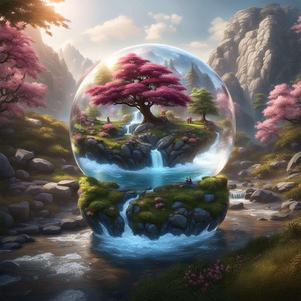 Glass Globe Encapsulating a Fantastical Waterfall Scene