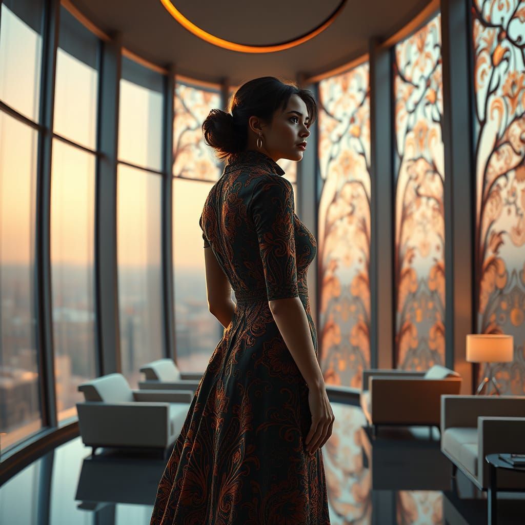 Elegant Woman Lost in Thought Before Art Nouveau-Inspired Wi...