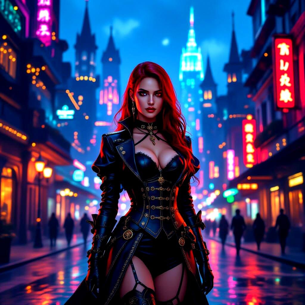 Gothic Woman in Steampunk City at Night