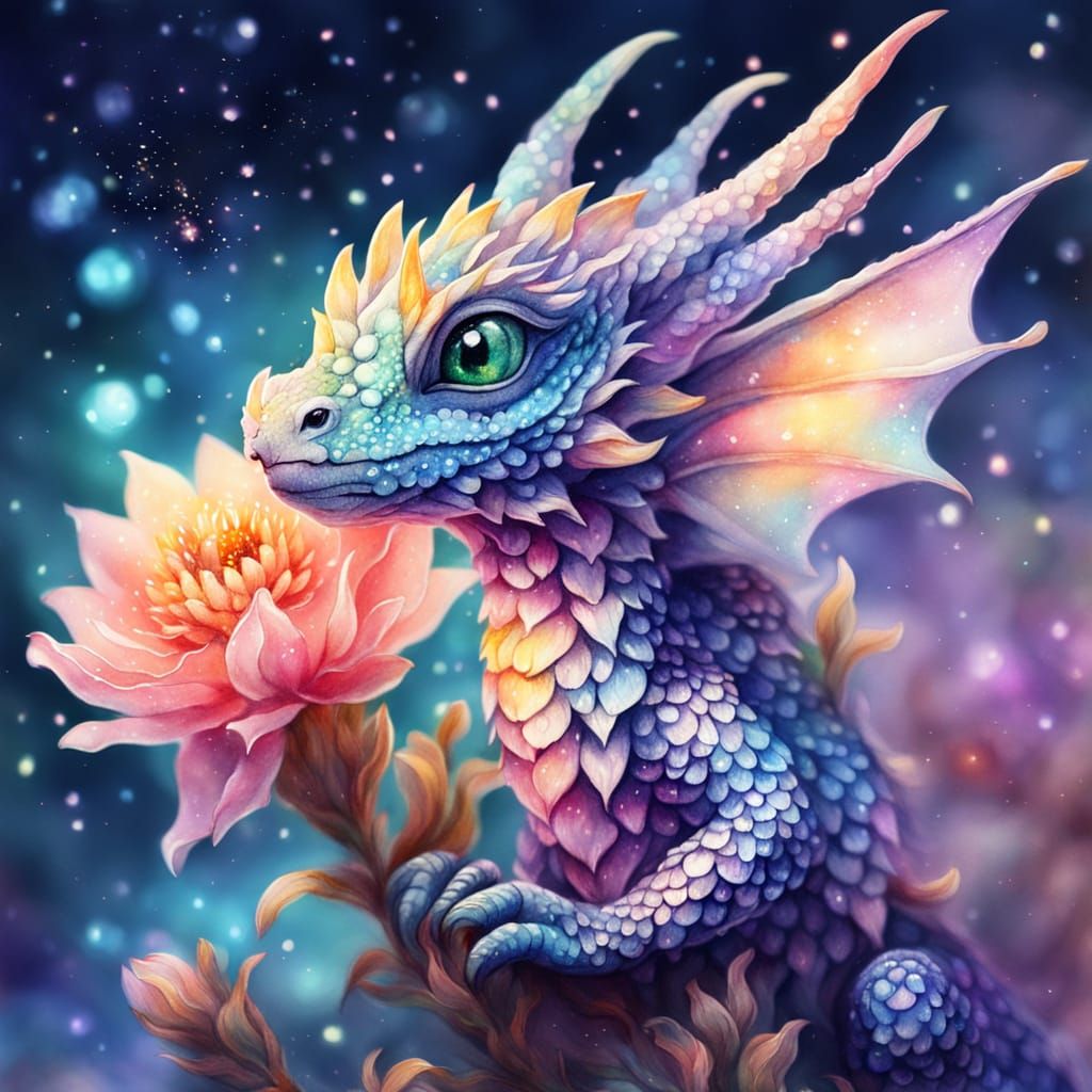 Cosmic Dragon Perched on Flower: Watercolor Fantasy