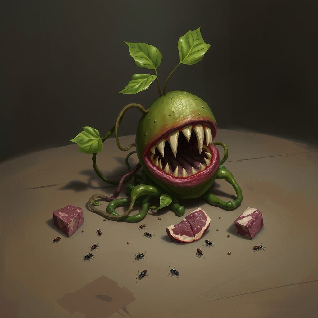 Carnivorous Plant with Insects and Meat, Digital Art