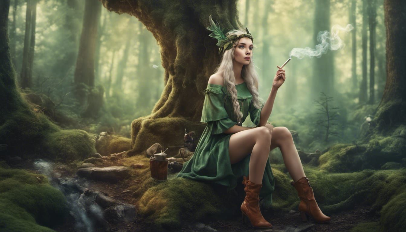 Elf at Crossroads in Fantasy Forest