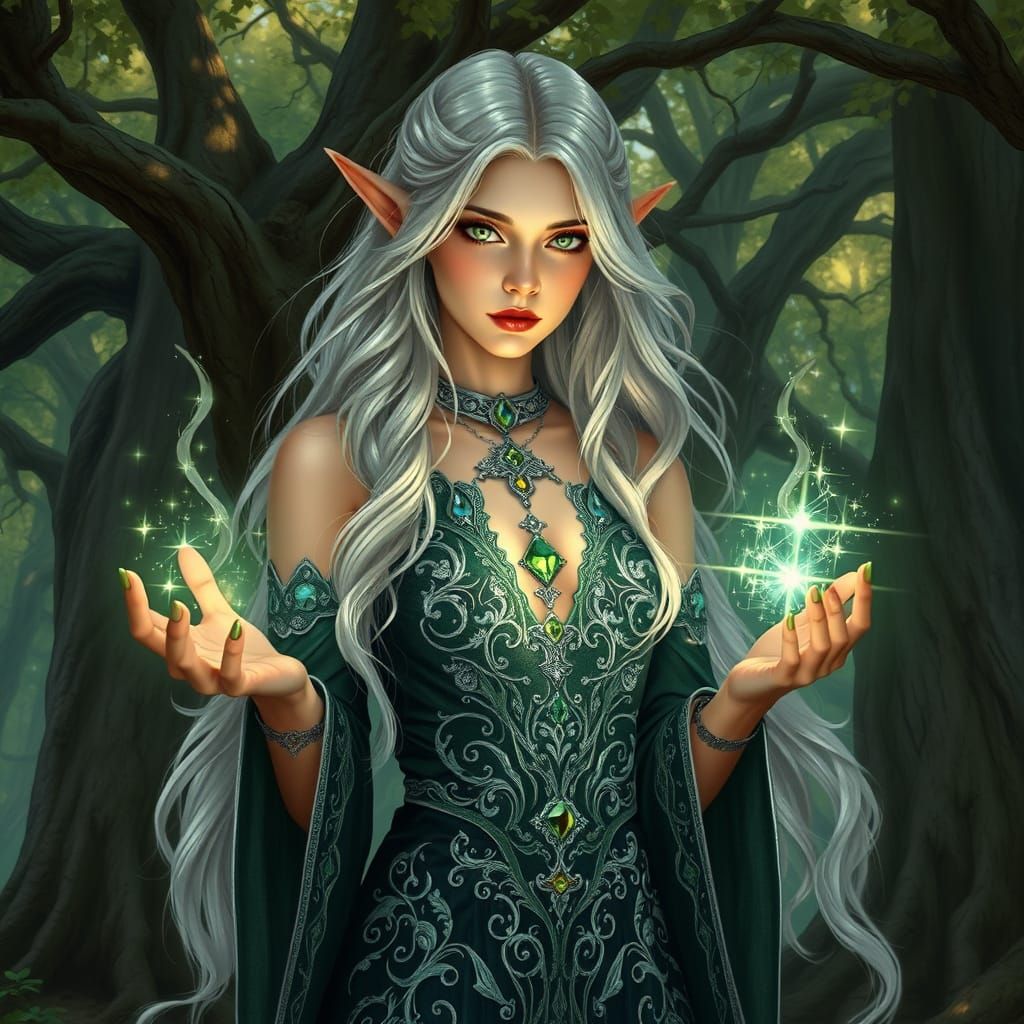Elven Sorceress in Enchanted Grove, Art Nouveau