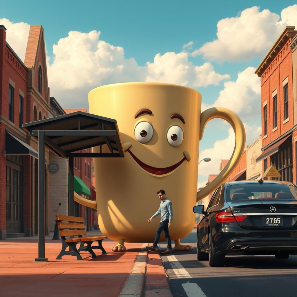 Charming Small Town Scene with Anthropomorphic Coffee Mug