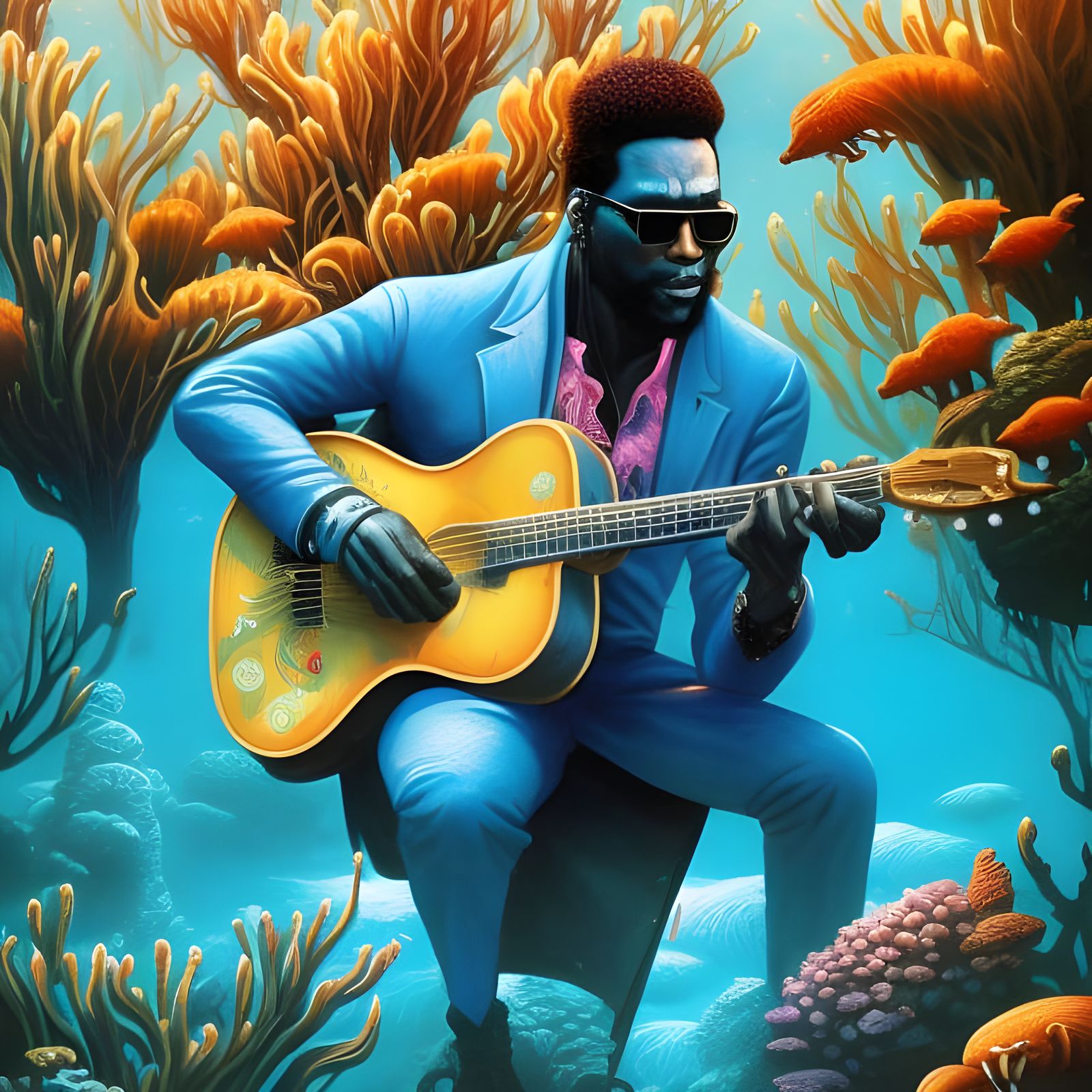 Underwater Bluesman Plays Guitar: Pop Fantasy Art