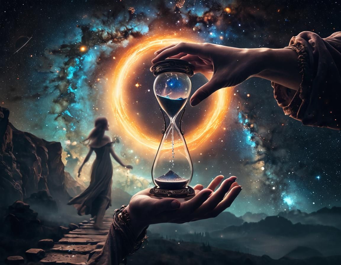 Cosmic Hand Holds Celestial Hourglass in Dreamlike Nebula Ga...