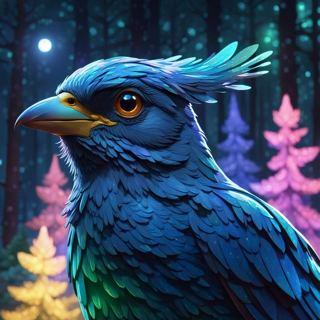 Electric Bird Portrait in Sparkling Forest, Hyperdetailed Ar...