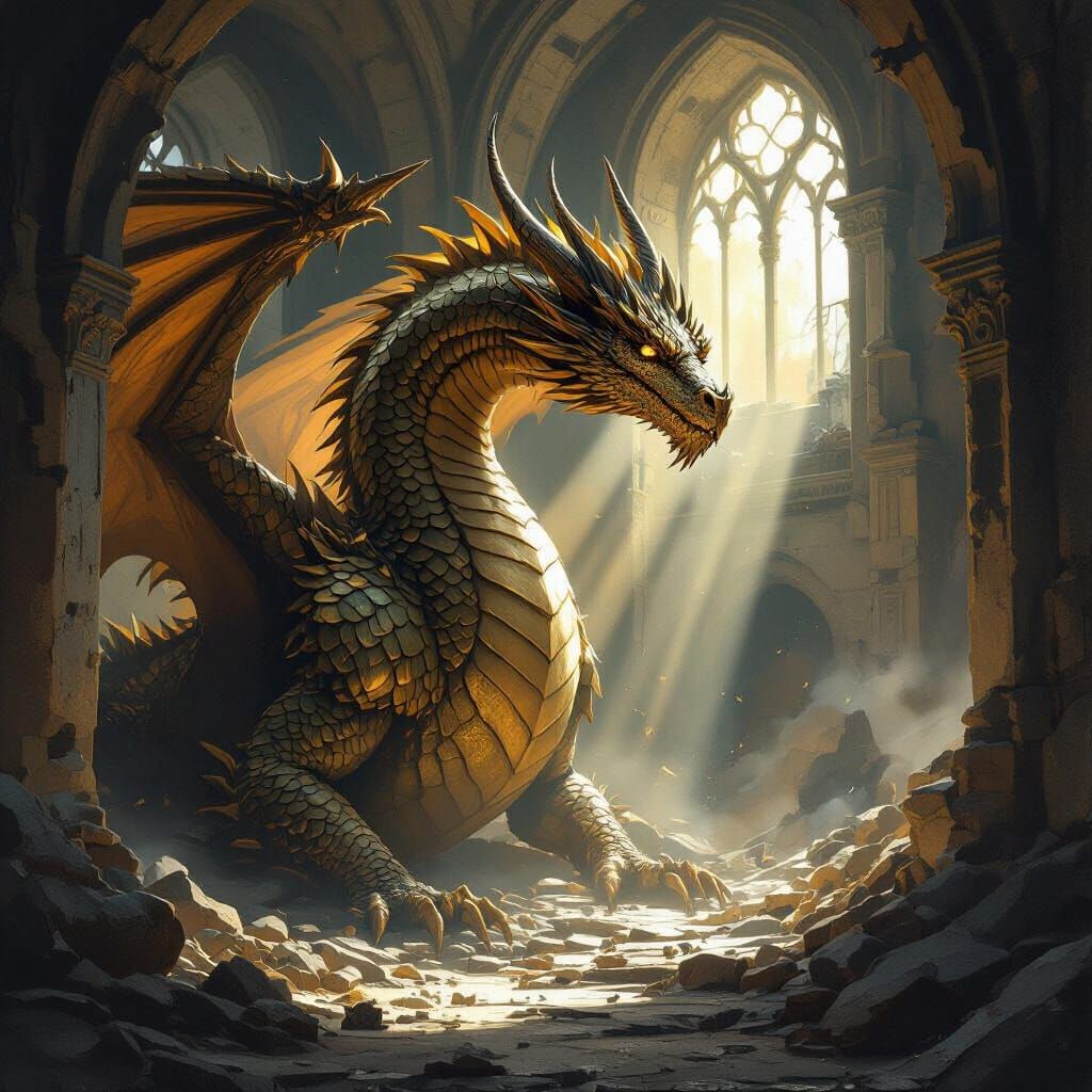 Golden Dragon Guards Ancient Artifacts in Crumbling Temple