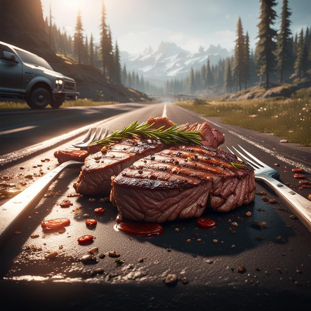 Meat Fork on Highway in 3D Cinematic Style