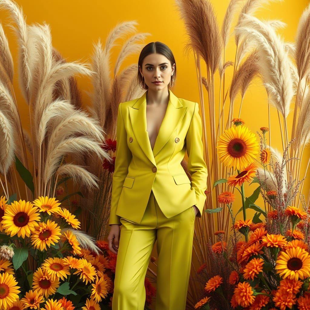 Woman in Green Silk Suit Surrounded by Flowers