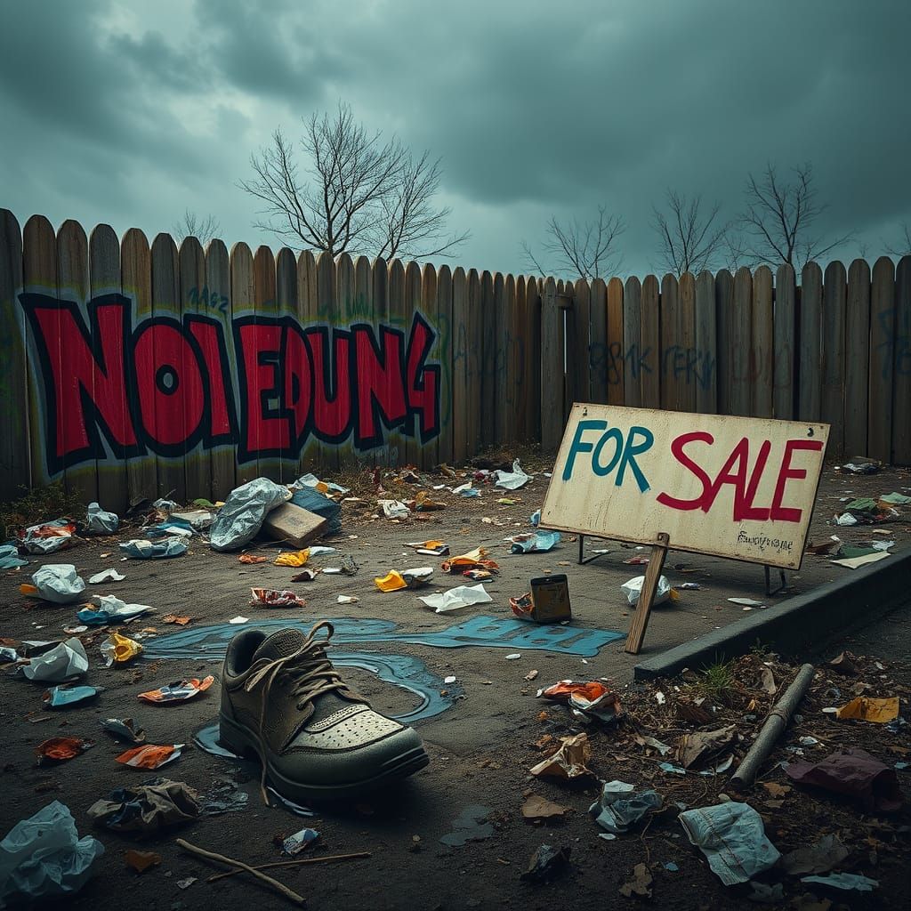 Vacant Lot Scene with Swirling Trash and Graffiti Fenced Yar...