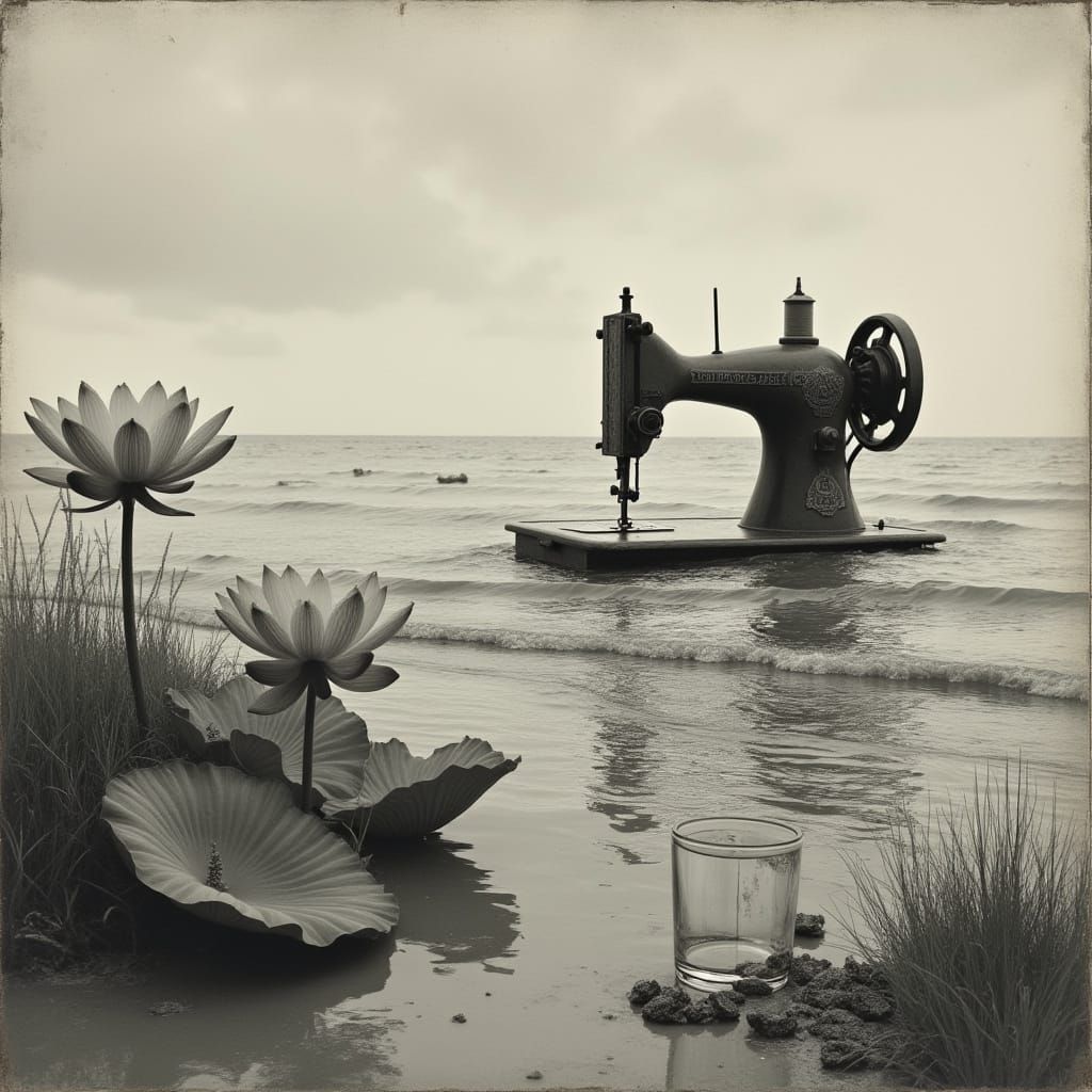 Surreal Ocean Dreamscape with Vintage Sewing Machine