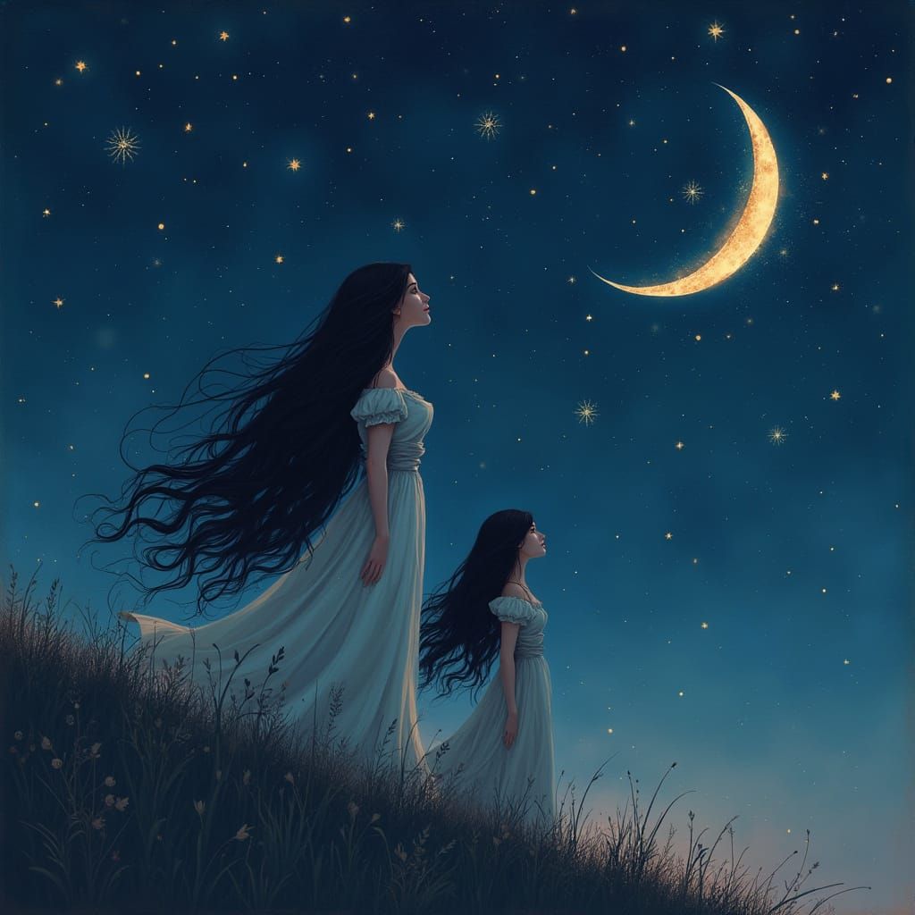 Woman Gazing at Starry Night Sky with Crescent Moon