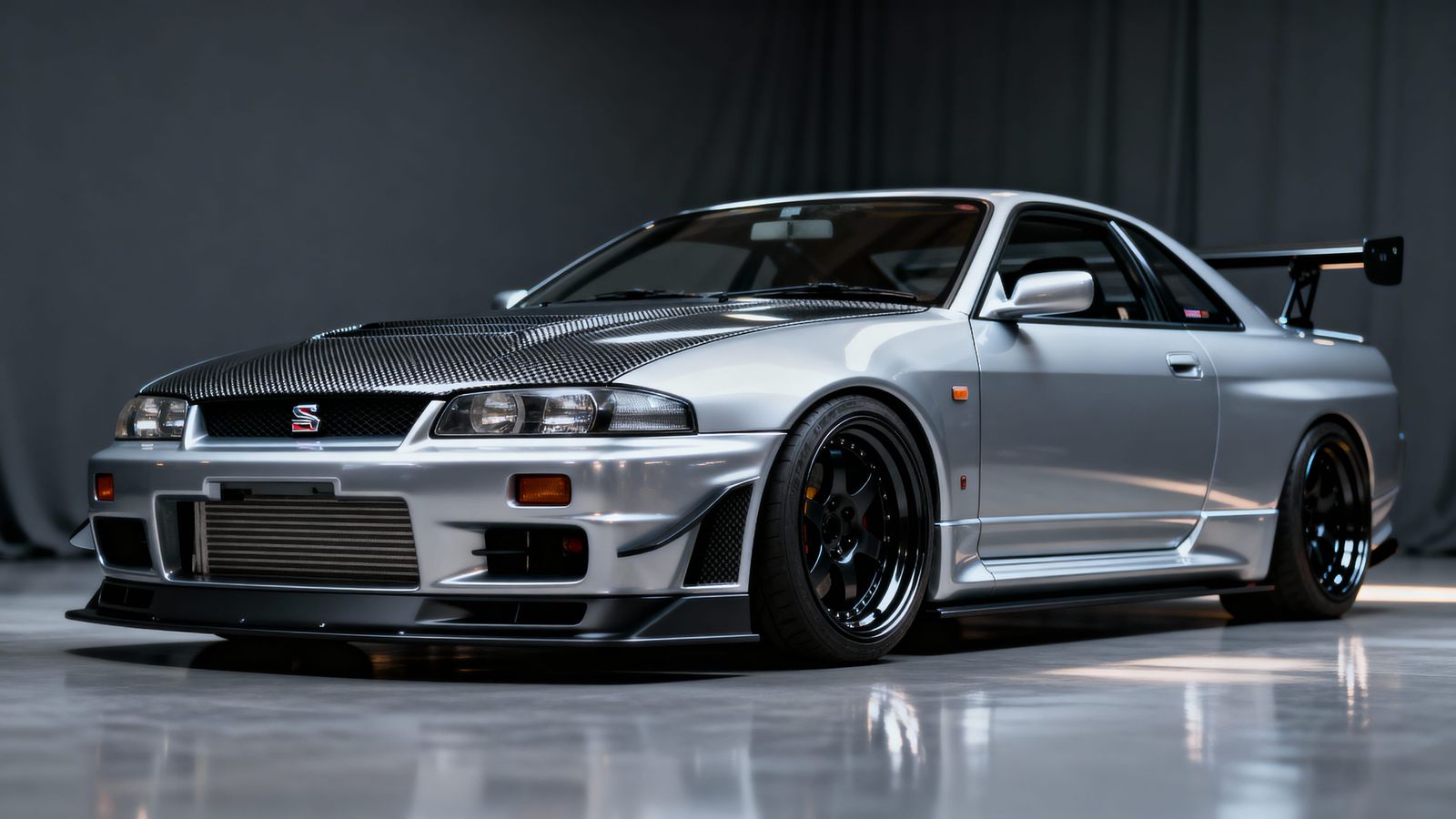Modified Silver Nissan R33 Skyline Sports Car in Studio