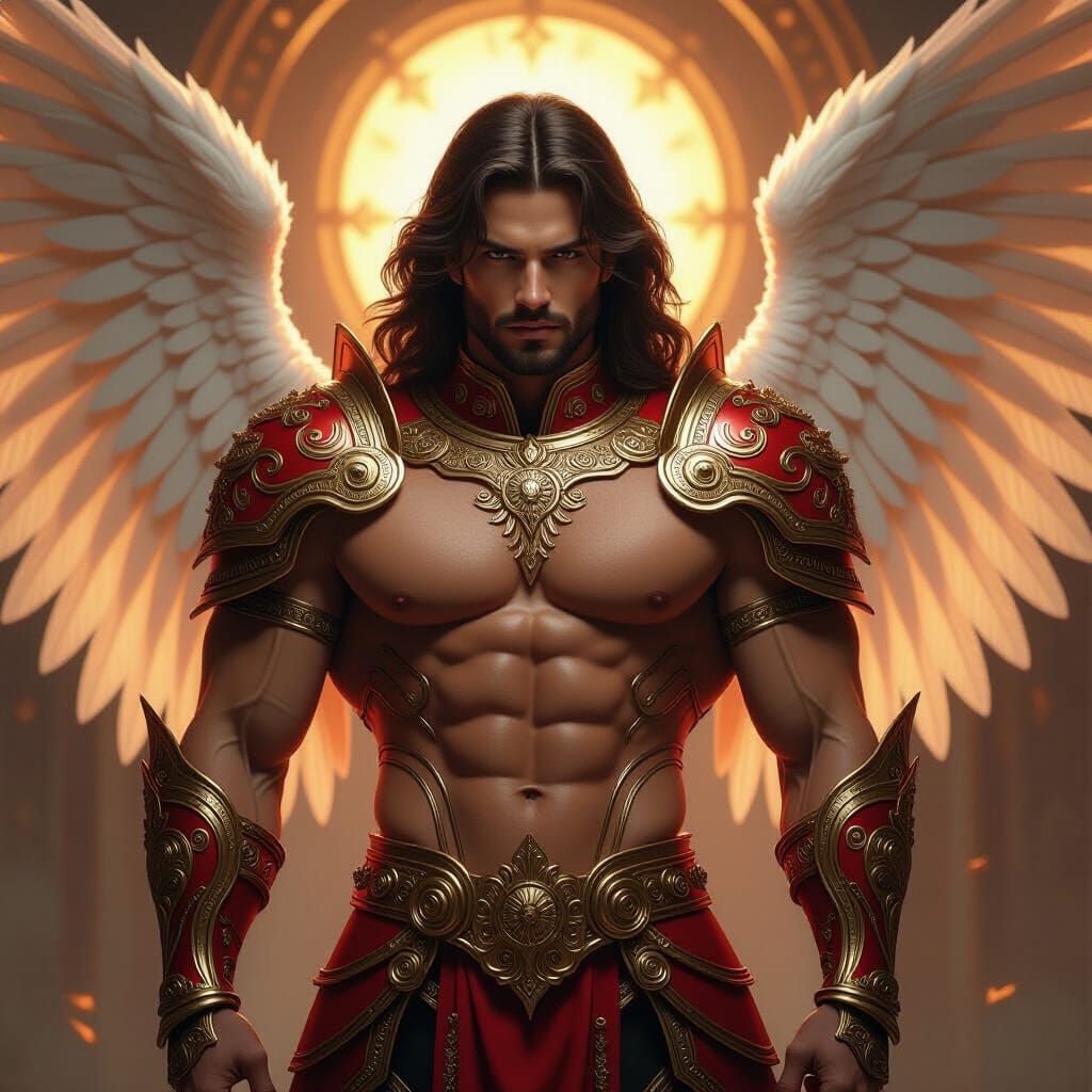 Muscular Angel Man In Red Gold Zodiac Armor