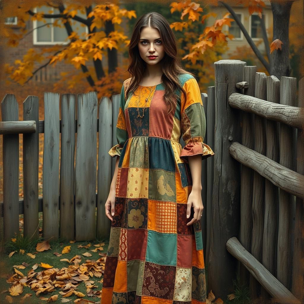 Woman in Patchwork Dress with Autumnal Colors
